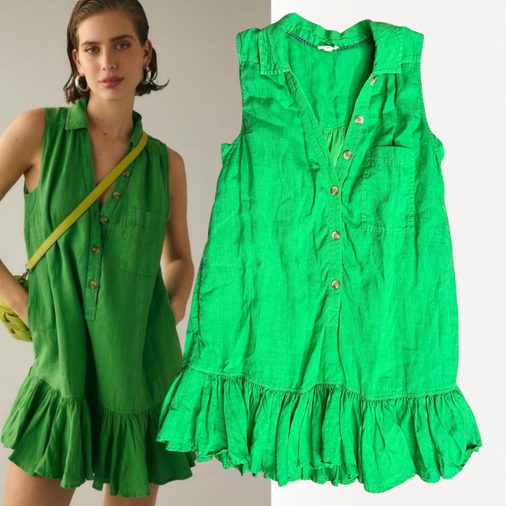 Pilcro Shirt Dress Sleeveless Ruffle Hem Green Medium